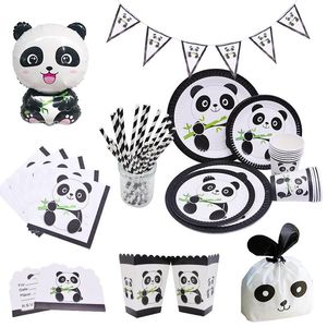Couverts jetables Cartoon Panda Thème Décorations De Fête D'anniversaire Vaisselle Ensembles Assiette Serviette Ballon Baby Shower FavorsJetables