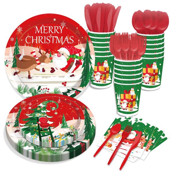 Cubiertos desechables Árbol de Navidad Platos de papel de Papá Noel Suministros para fiestas y servilletas Juego de cumpleaños Vajilla para 8 invitados para tazas Dhrt7