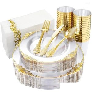 Wegwerp platte handgelei Clear Gold Plastic Tray met Sierware -bril Verjaardag Wedding Party Supplies 10 Person Set Drop Dhyos