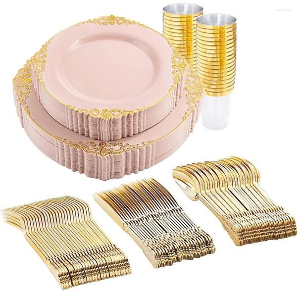 Cubiertos desechables, bandeja de plástico rosa con vasos de plata, suministros para fiesta de cumpleaños, boda, bautismo, juego para 10 personas