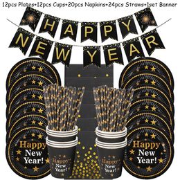Dispostable Flatware Happy Year Party Decoration 69pcs Table Voline Ensemble Black Gold Year Plates Paper Cups Banner Party Favors 230216