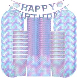 Couverts jetables sirène fête d'anniversaire vaisselle ensemble serviettes assiettes tasses pailles sous la mer bébé douche fournitures 230228