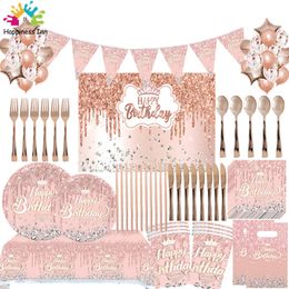 Couverts jetables diamant rose joyeux anniversaire or rose paillettes décorations de fête de réception-cadeau pour bébé nappe bannière vaisselle filles fournitures pour adultes 230221