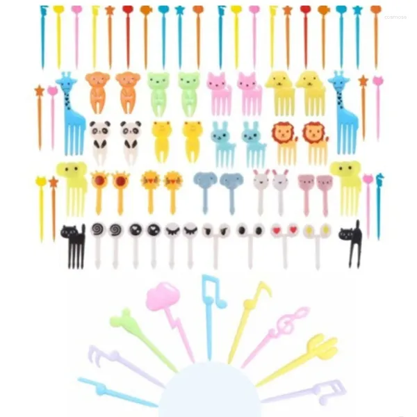 Cubiertos desechables R2JC, juego de 79 selecciones de Frutas de plástico, palillos de dientes, tenedores para alimentos, tenedor con forma de Animal, Color aleatorio