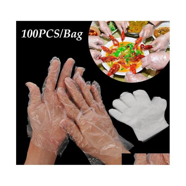 Gants jetables 100pcs / set en plastique polyéthylène transparent éviter le contact direct restauration coiffeurs bouchers livraison de légumes à domicile Dhhp7