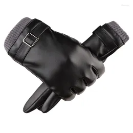 Guantes desechables 1 par negro PU cuero masculino dedo completo espesar conducción invierno pantalla táctil cálido a prueba de viento mitones Luvas WA 023