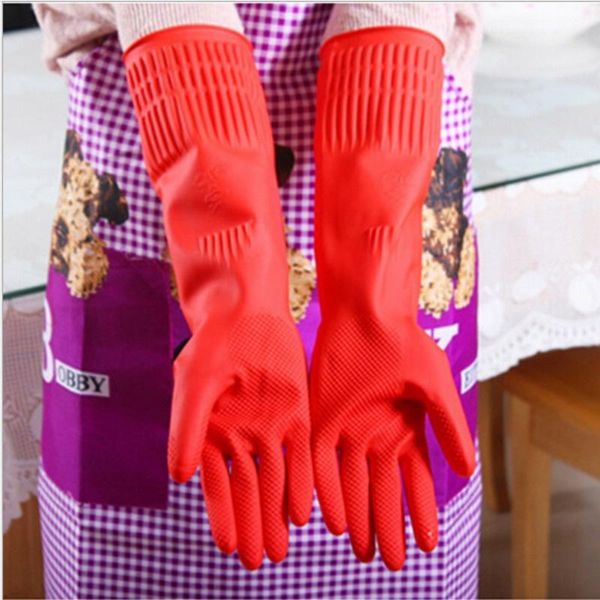 Guantes desechables para mujer, flexibles, cómodos, de goma, limpios, platos rojos, herramientas de limpieza largas para el hogar, Protector de manos