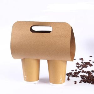 Wegwerp Kraftpapier Cup Basishouder met Handvat Eco Vriendelijke Koffiemelk Theekopjes Lade Takeaway Drink Packaging Rra9585