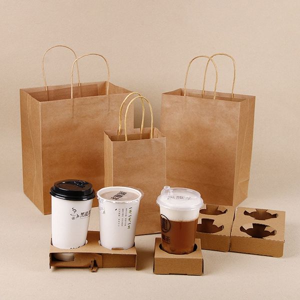 Sac à main jetable en papier Kraft avec porte-gobelet, ensemble de boissons au café, lait, thé, jus, sac à emporter WB2671