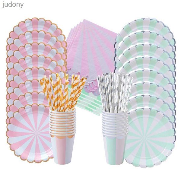 Vide à la vaisselle en plastique jetable 63pcs / Ensemble de table de table en papier verte à menthe rose pour les mariages anniversaires assiettes jetables longues serviettes de fête WX