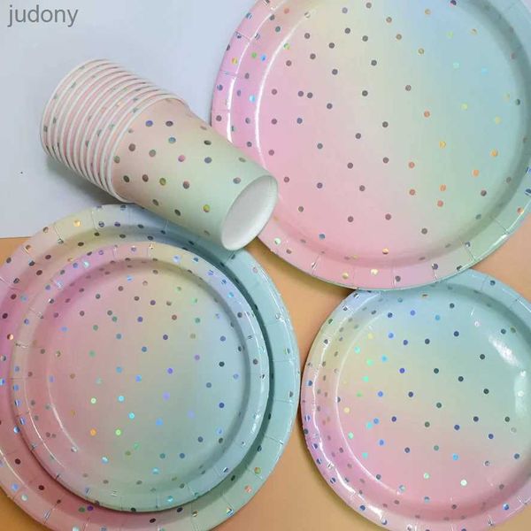 Vide à la vaisselle en plastique jetable 8pc Iris Foil Gold Dot Rainbow Princess Party Supplies Decorative Cake Plate de gâteau jetable Cardboard Unicorn Sirène Bride Discing WX