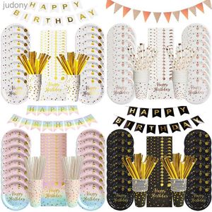 Vole de table en plastique jetable fête d'anniversaire de fête jetable ensemble dans des tasses en carton en or noir blanc napkins décorations d'anniversaire wx