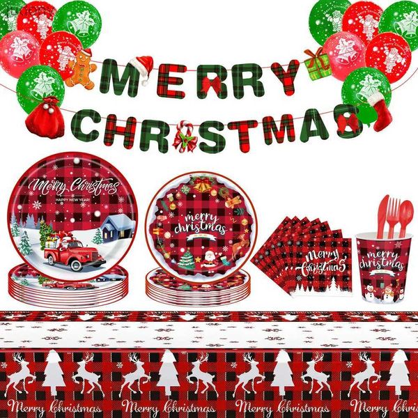 Volie en plastique jetable Noël tablette de table jetable tablette Santa Claus Red and White Paper Cups Christmas Happy Home Party Table Decoration WX