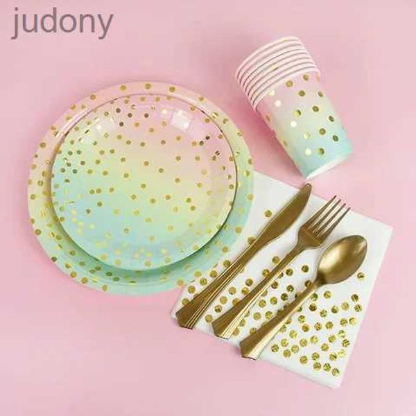 Volie en plastique jetable Cutlery à points jetables Set Cardboard tasse adulte et enfants Unicorn Birthday Party Decoration Wedding Baby Shower Supplies WX