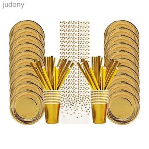 Volie en plastique jetable Gold Party Party Disposable Table Set Elegant Cardboard Cups Napkins for Weddings and Singles Parties WX