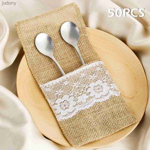 Wegwerp plastic servies Tabelgare Natuurlijk jute Tafelware Gereep Heerder Lace Silver Holder Bag Linnen Mes en Fork bestekzak voor trouwfeestjes WX