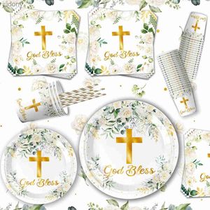 Vole de table en plastique jetable The Baptist Churchs God Blessed Party fournit le jour saint God Blessed Paper Board Board et Silver Cross Napkins First Communion WX