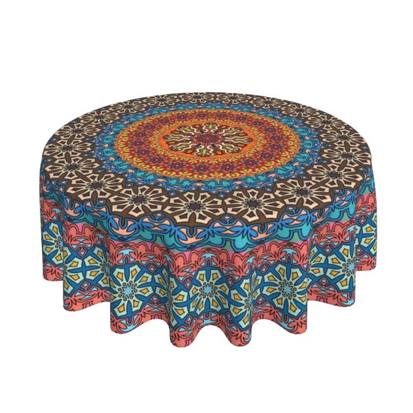 Nappe ronde jetable style mandala bohème 152,4 cm, vêtements de table indiens colorés, style rustique, art moderne, imperméable, réutilisable, table circulaire 231206