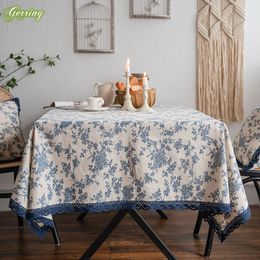 Cubiertas de mesa desechables Gerring Mantel de lino Azul Rosa Impreso Cubierta de jardín Hogar Encaje Dcoration De Mariage Rustique Paños de cocina 231207