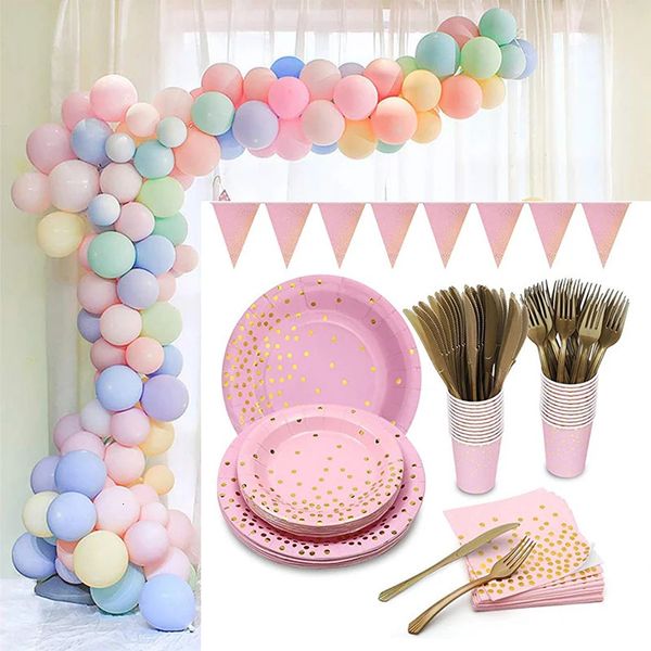 Juego de vajilla desechable, globos de fiesta de oro rosa, plato de papel, taza, decoración de cumpleaños para niños y adultos, decoración de boda para Baby Shower 240108