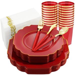 Conteneurs jetables à emporter 10 couverts couverts bord or rouge assiette en plastique tasse serviette combo ensemble fête d'anniversaire décorations de mariage réutilisables 230620