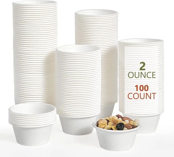 Contenedores desechables para llevar 100 unids/paquete 2oz/4oz Tazas de prueba desechables Tazones Tazas de soufflé de fibra de bagazo biodegradables naturales Tazas de condimentos Tazas de muestra 231219