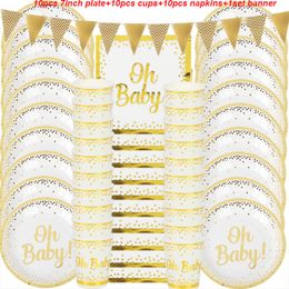 Wegwerp Afhaalcontainers 31-delig Oh Baby Shower Feestartikelen Servies Set Goud Verjaardag Papieren Borden Cup Jongen Meisje Gender Onthullen Decoratie 230620