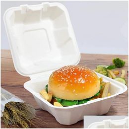 Contenedores desechables para llevar 50 piezas Caja Bento Fibra de caña de azúcar Contenedor de alimentos compostable Hamburguesa de 6 pulgadas Entrega directa en microondas Ho Otuzh