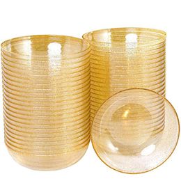 Recipientes descartáveis para viagem Tigela de plástico de 50 peças 12 onças Utensílios de mesa de cristal para trabalho pesado Dourado Glitter Sobremesa Mousse Salada Sorvete 230619