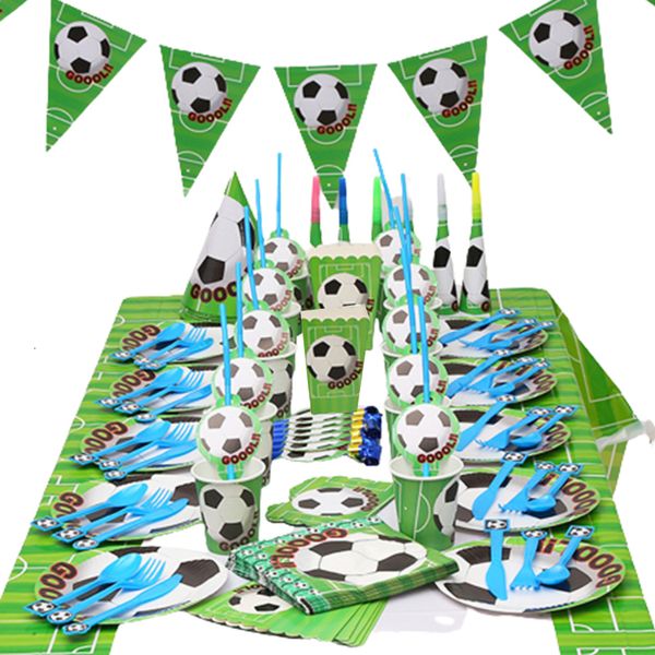 Contenedores desechables para llevar 61 piezas / lote Tema de fútbol Juego de vajilla Platos Tazas Mantel Fiesta de cumpleaños Niños Favor Fútbol Niños Decoración 230620