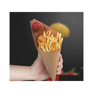 Wegwerpcontainers Kraft Paper Fries Box Cone Oil Proof Chips Bag Cup Party Takeout Food Pakket PAF11729 Drop de Otzhk