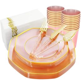 Recipientes desechables para llevar Cubiertos para fiestas Plato de plástico rosa transparente Cubiertos de plata dorados Tazas y servilletas para 10 invitados 230620