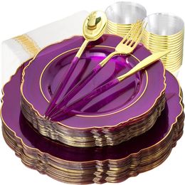 Conteneurs à emporter jetables Vaisselle de fête Assiette en plastique violet transparent avec tasse Serviette Combo Set Wedding God Day Supplies 230620