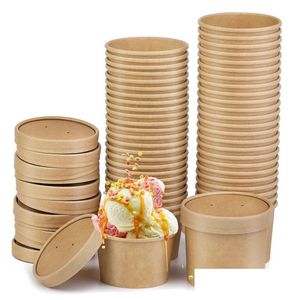 Contenants jetables à emporter Tasses à soupe Bols en papier kraft Tasse à crème glacée avec couvercles Livraison directe Maison Jardin Cuisine Salle à manger Bar Suppli Otjgs