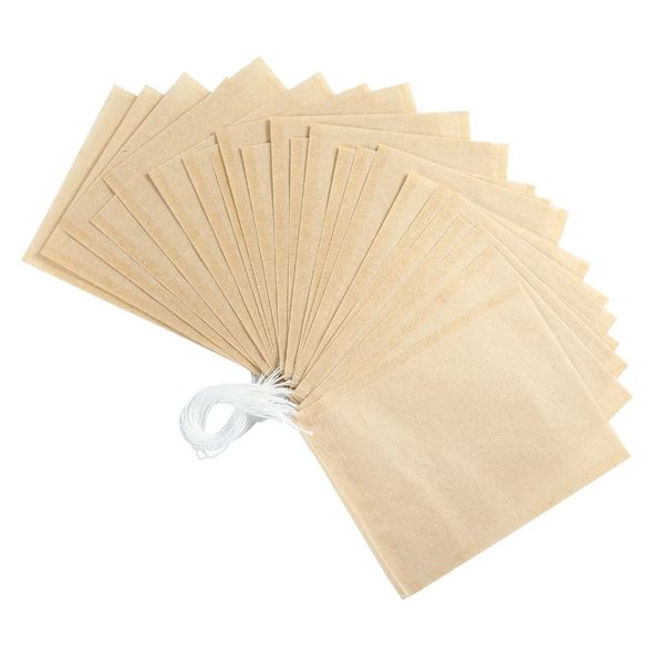 Sacs-filtres à thé Outils à café avec cordon de serrage Passoire en papier non blanchi Infuseur jetable pour soupe à feuilles mobiles Lot de 100