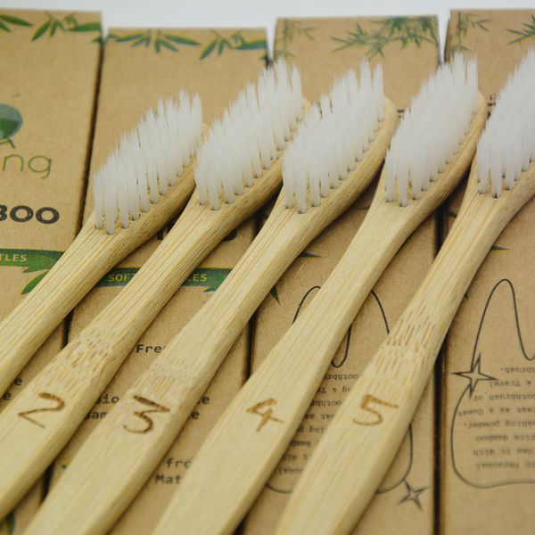 Brosse à dents jetable oem logo personnalisé bambou 5 en 1, nettoyeur de langue, prothèse dentaire, kit de voyage doux et gratuit