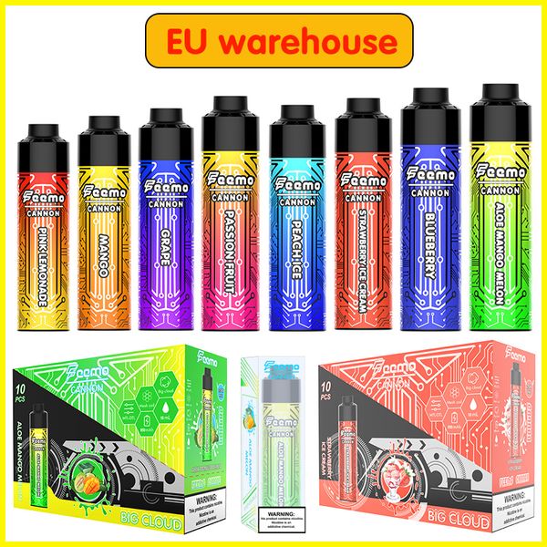 Kit de démarrage de vape de vape jetable Feemo Cannon 18 ml Boîte de vapeur Vape Box Vapes Dlitor Big Cloud Mesh Bobine avec 850mAh Type-C Charge Rechargeable Vape Battery