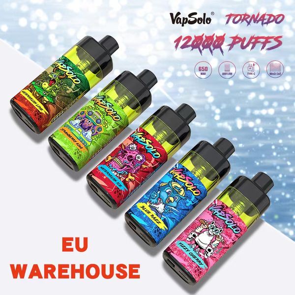 VAPSOLO Original Tornado Vapes PUFF 12K Vape desechable Pluma bobina de malla 12000 PUFFS RANDM Pods E zigarette flujo de aire RGB LED y luz indicadora de energía de la batería Shisha