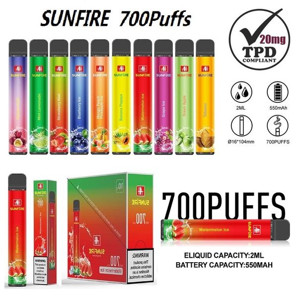 Pen jetable Vape Pen Authentic Sunfire TPD 700 Puff 550mAh 2ML Préfaisé 10 saveurs enregistrées 2% E Cigarettes TPD Vaper Device Supply Livraison gratuite pour US UK Europe