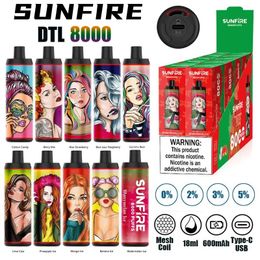 Pen de vape jetable d'origine Sunfire Puff 8000 9000 DTL 18ML Préfaisable Vape Vape Local Warehouse en stock Dispositif ECIG jetable avec 10 saveurs 10k 12K Puffes