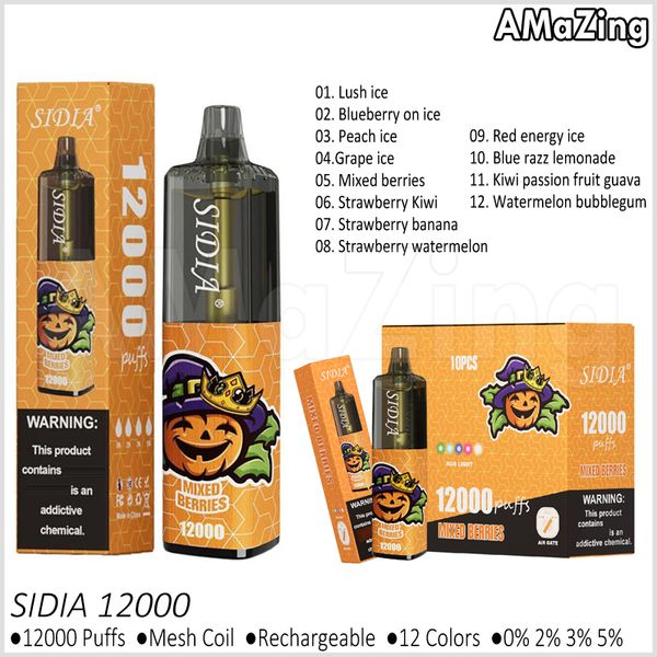 Vape desechable Puff 12000 Sidia 12K Puffs Auténticos cigarrillos electrónicos recargables Vapers 12 sabores Vaporizadores 0% 2% 3% 5% VS Vapme King