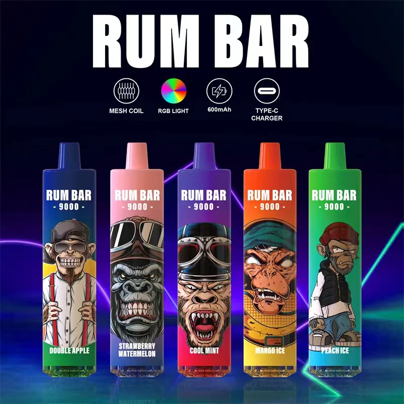 одноразовая слойка для вейпа 9000 RUM BAR 9000 Puffs Одноразовые электронные сигареты Vape Pen 18 мл предварительно заполненный картридж с сетчатой катушкой 600 мАч Перезаряжаемый аккумулятор Испаритель