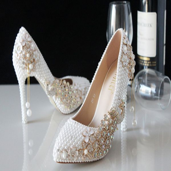 Distinguido Luxury Pearl Sparkling Glass Slipper Zapatos de novia Zapatos de boda Tacones altos zapatos de vestir Mujer Boda PA 293B