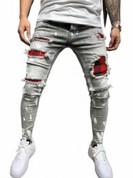 Distr Plaid Patch Holes Streetwear Ripped Skinny Jeans Hommes Biker Slim Élastique Denim Cargo Pantalon Y2K Pantales Hombre Joggers 10ZP #