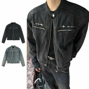 Distred Denim Jas Heren Dames Vintage Wo Cropped Cowboyjas High-street Panelen Zip-up Casual Tops Lente Unisex Jassen T8y6#