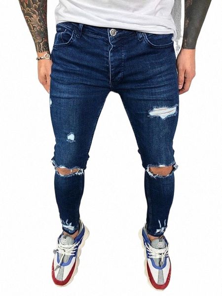 Distred Genou Trous Élastique Skinny Jeans Hommes Ripped Biker Denim Pantalon Solide Mer Streetwear Noir Pantales Hombre Joggers F4hf #