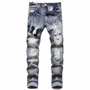 Distred Brief Patchwork Geborduurde Slim Fit Gescheurde Jeans Mannen Trend Europese Merk Hoogwaardige Skinny Stretch Denim Broek z2f9 #