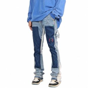 Distred Spl Inkt Flare Jeans Stedelijke Streetwear Patch Heren Graffiti Brede Jean Hip Hop Wed Blue Slim Fit Denim broek Mannen X5Yq #