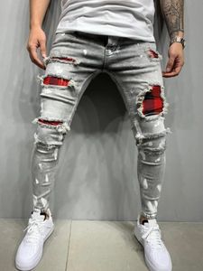 Détresse Plaid Patch Trous Streetwear Déchiré Jeans Skinny Hommes Biker Slim Élastique Denim Cargo Pantalon Y2K Pantalones Hombre Joggers240313