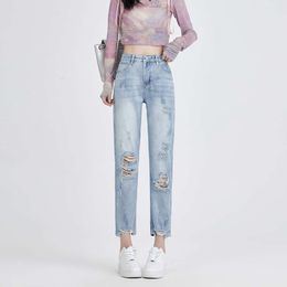 Distressed jeans voor dames vroeg herfst 2024 NIEUWE HIGH TAIUS Slim Fit Slim Fit modieuze Harlan -broek